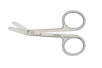 Sterile bandage scissors with flat blunted tip on transparent background