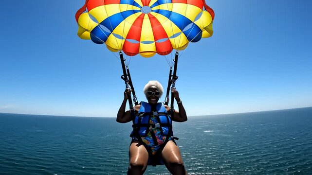 Mature Woman Parasailing Over Ocean, Waving and Smiling