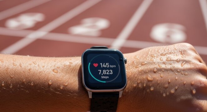 Close up of a smart watch displaying heart rate and steps on a sweaty arm on a running track outdoors