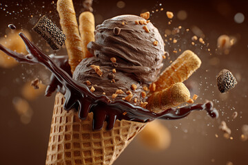 Delicious ice cream scoops on waffle cone.