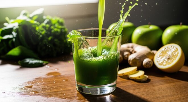 Pouring green juice into a glass with apples, ginger, and lemon on a wooden surface in the background