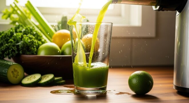 Green juice being poured into a glass with fresh vegetables and fruits on a wooden table top