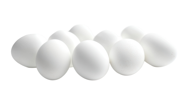 White eggs arranged neatly showing smooth shell texture and fresh appearance isolated on white background for culinary use