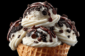 Delicious ice cream scoops on waffle cone.