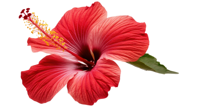 Vibrant red hibiscus flower showcasing large petals and rich color with detailed texture isolated on white background