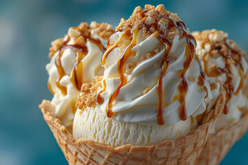 Delicious ice cream scoops on waffle cone.