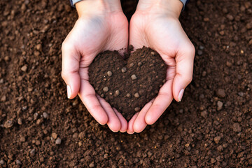 Hands Forming Heart Shape with Soil: Gardening, Agriculture, Love for Nature, Environmental Conservation, Earth Day Concept Stock Photo