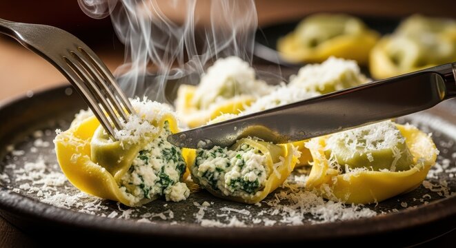 Closeup of tortellini with spinach and ricotta filling, being cut with a knife, topped with parmesan cheese and served hot