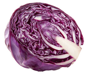 A vibrant, cross-sectioned red cabbage reveals layered purple and white textures