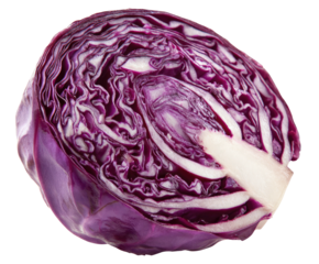 A vibrant, cross-sectioned red cabbage reveals layered purple and white textures
