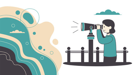 An illustrated person uses a telescope to observe something, with abstract shapes and a light color palette, representing vision.