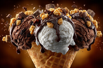 Delicious ice cream scoops on waffle cone.