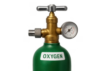 Green medical oxygen tank with pressure gauge