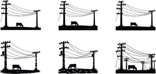 Cow grazing under wooden utility poles, rural farmland silhouette scene with overhead power lines, countryside electricity distribution infrastructure illustration © Aroshi Jannat 