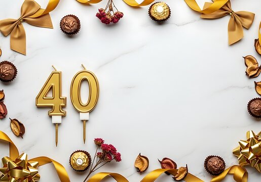 Celebrate 40 years with golden candles, chocolates and ribbons, perfect for birthday wishes, milestone celebrations, or a sophisticated invitation design - Powered by Adobe