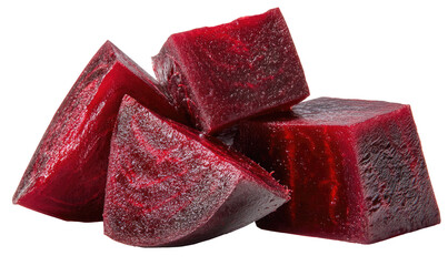 Vibrant crimson root vegetable cut into rustic cubes and wedges