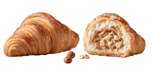 A whole croissant sits beside a halved croissant filled with creamy filling and nuts
