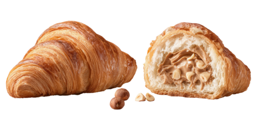 A whole croissant sits beside a halved croissant filled with creamy filling and nuts
