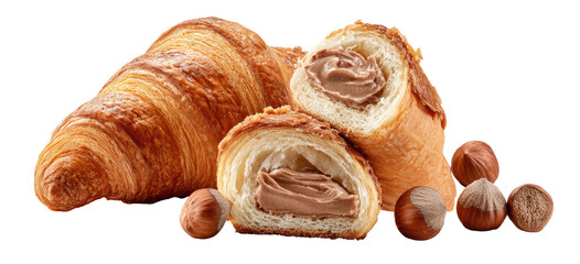 Golden croissants and pastry filled with creamy chocolate hazelnut spread