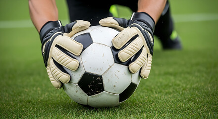 Goalkeeper holding soccer ball on the grass field
