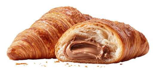 Delicious chocolate-filled croissant cut in half on black