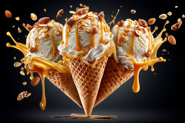 Delicious ice cream scoops on waffle cone.