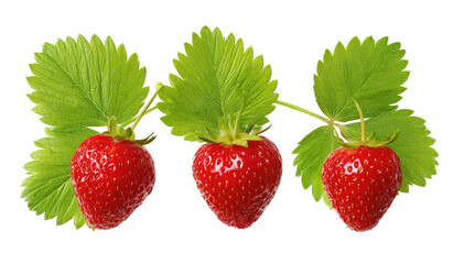 Three vibrant red strawberries with green leaves on black background