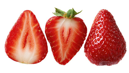 Fresh strawberries, whole and halved, showing vibrant red and white interior