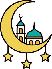 Ramadan crescent moon illuminating festive mosque