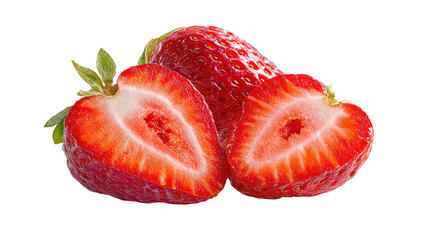 Fresh red strawberries, one whole and one sliced in half