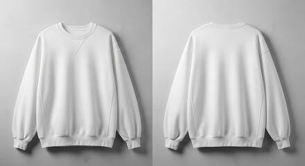 Front and back view of a plain white sweatshirt with long sleeves, displayed on a hanger against a light gray background, highlighting its comfortable and casual style