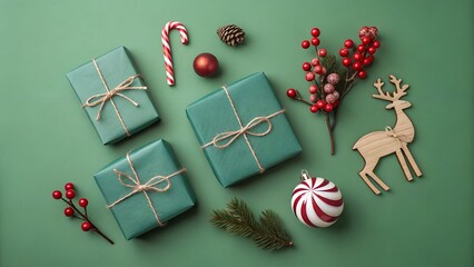 Festive green christmas gifts and decorations on a solid background