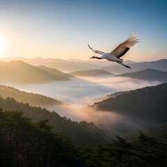 Crane soars over misty mountains at sunrise with a beautiful golden glow in the sky