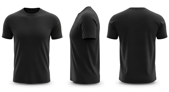 Front, side, and back view of a black tshirt isolated on white background, showcasing a versatile and essential piece of casual clothing