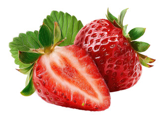 Ripe red strawberries, one whole, one halved, with green leaves