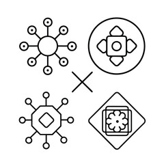 Four abstract technology and science icons arranged with a cross symbol vector illustration
