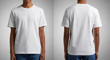 Front and back view of a person wearing a plain white tshirt, showcasing the garment from both angles for design or mockup purposes