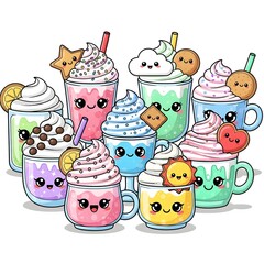 Cute cartoon drinks with kawaii faces and toppings in glasses and mugs illustration