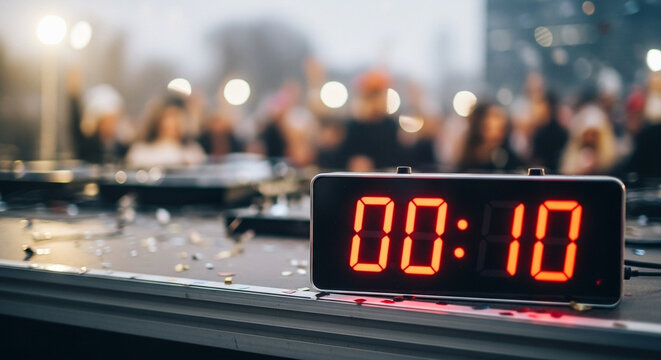 Digital countdown timer showing ten seconds at a celebration event  