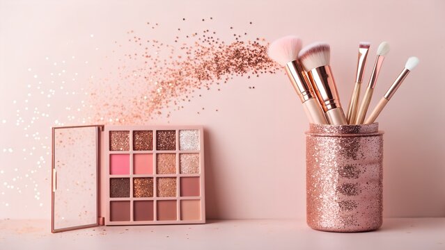 Elegant makeup palette and brushes in rose gold tones for beauty blog