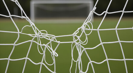 Close up of a torn white soccer goal net on field