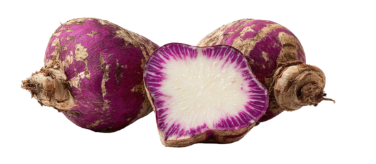 Two whole radishes and one cut in half, showing purple skin and white flesh