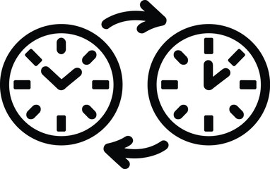 Synchronized time icon, two clock faces with arrows depicting a changeover