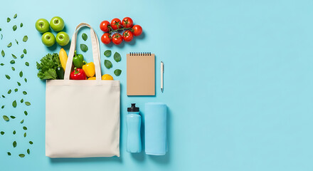 Fresh produce and eco-friendly items create a vibrant healthy lifestyle