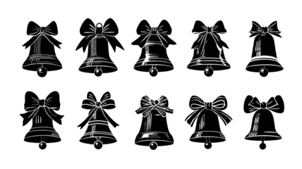 Gold jingle bells set vector illustration with red Christmas bow ribbon decoration for a shiny holiday celebration