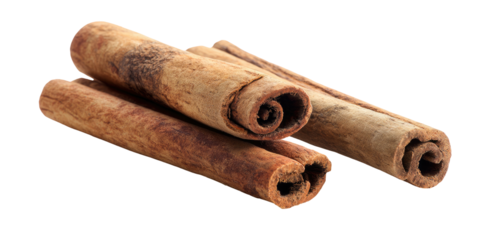 A close-up of three rolled cinnamon sticks on a dark background