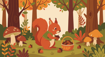 Fototapeta premium Squirrel Gathering Acorns Flat vector squirrel collecting acorns on the forest floor, small basket beside, 