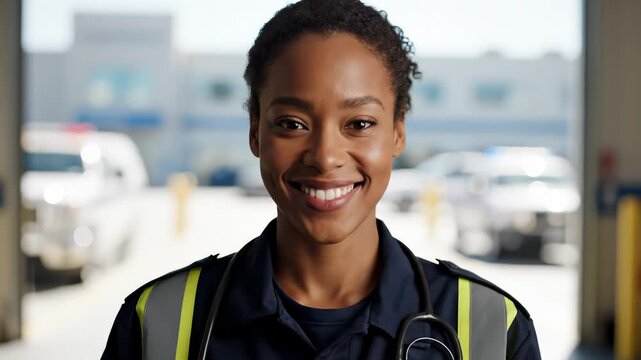 Smiling African American Paramedic Standing in Front of Ambulance