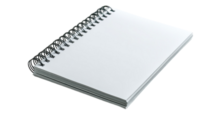 Blank spiral notebook or pad with a clean, empty page and white cover, isolated on a white background for business, office, or school use
