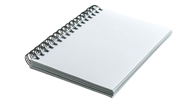 Blank spiral notebook or pad with a clean, empty page and white cover, isolated on a white background for business, office, or school use